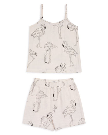 Kids Cotton Cheesecloth Flamingo Sketch Print Cami Short Pyjama Set